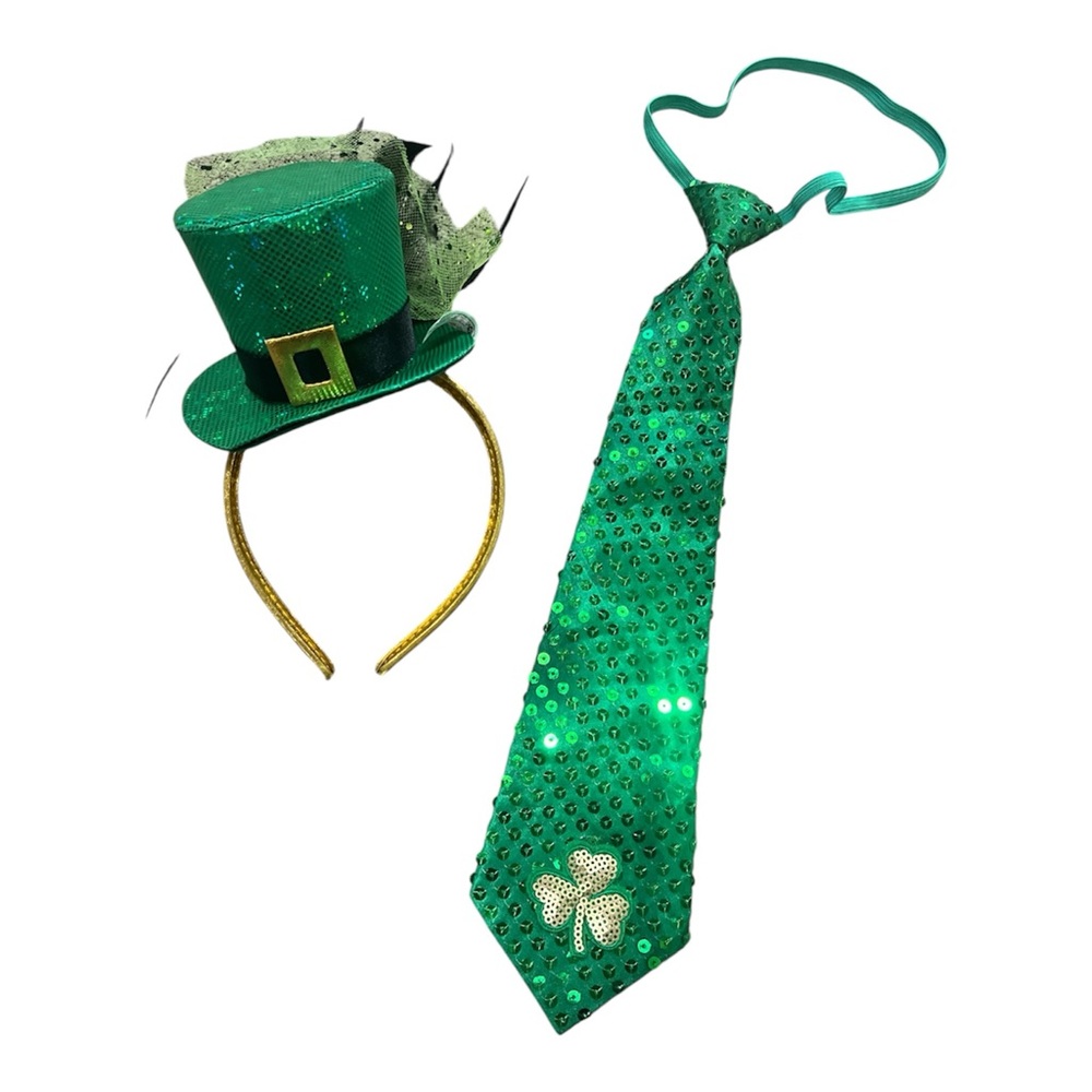 5/$25 St.Patrick’s Day Set- Green Sequin Tie and Leprechaun Top Hat Headband